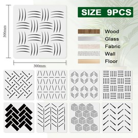 FINGERINSPIRE 9PCS Simple Lines Stencils for Painting with Brush 30x30cm Reusable Geometric Figure Template Hollowed Sketch Wall Art Stencil Plastic PET Graffiti Theme Template for Decoration