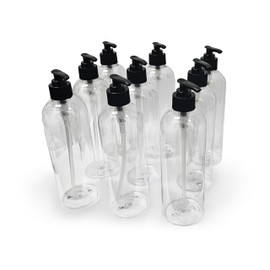 SNT Biotech 9 Pack 16 Ounce Plastic Pump Bottles, Empty Refillable Container Liquid Soap, Shampoo, Lotion, Cleaning Products Dispenser, Clear Round with Black Pump. Plastic PET Sturdy Bottle.