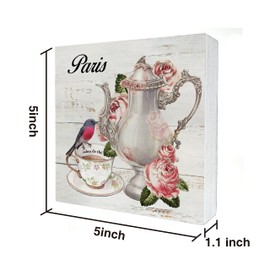 Vintage Bird Teacup and Roses Wooden Box Sign Desk Decor Rustic Cottage Style Wood Block Plaque Box Sign for Home Living Room Shelf Table Decoration (5 X 5 Inch)