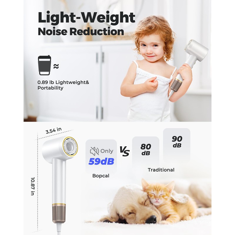 Bopcal Ionic Hair Dryer, 160000 RPM Brushless Motor, Smart Thermo-Control,