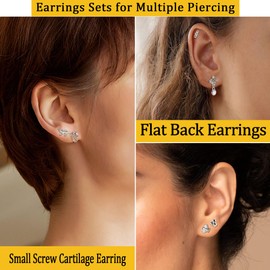 FASACCO 12Pcs 16G Stainless Steel Top Screw Flat Back Earrings Snake Moon CZ Cartilage Stud Earrings for Women Forward Internally Threaded Helix Tragus Conch Labret Monroe Medusa Lip Nose Piercing,