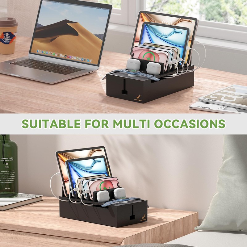 Charging Station Box for Smartphones and Tablets, Bamboo Cable Cord
