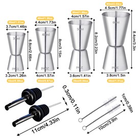 RUIJIE 4 Stück Cocktail Messbecher Edelstahl Barmaß 2cl/3cl/4cl/5cl/6cl Klein Jigger mit Innenskalierung Dual Gin Measuring Cups mit 4 Flaschenausgießer & 2 Bürste Doppelmaß für Bar Party Wein Drink