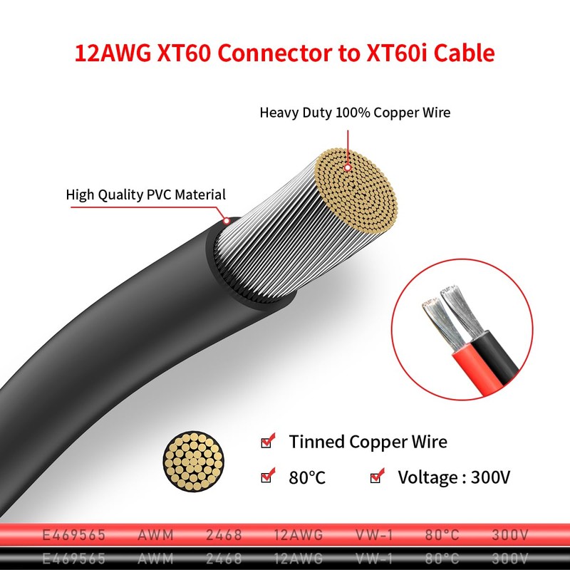 ELFCULB XT60i to XT60 Extension Cable, 12AWG 6FT XT60i Female