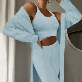 Fixmatti Women's Fuzzy 3 Piece Sweatsuit Open Front Cardigan Crop Tank Tops Wide Legs Pants Lounge Sets, 1-light Blue, Large