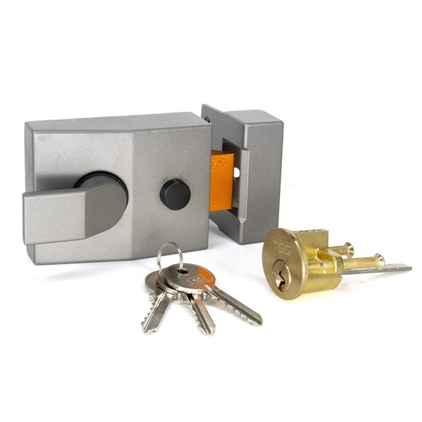 UK Security Supplies Standard Deadlocking Nightlatch, Dark Grey Silver Cylinder, 60mm Backset, Complete with Rim Cylinder Lock Supplied with 3 Keys. External Door Lock for Front Door and Back Door.