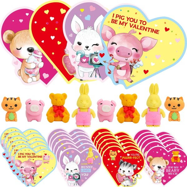 FANCY LAND Valentine's Day Gifts for Kids Valentines Exchange Cards with Animal Erasers for School Classroom Party Favors 28Pack