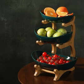 AYUCIA 3 Tier Fruit Bowl for Kitchen Counter - Ceramic Fruit Basket with Bamboo Stand, Green Tiered Fruit Holder for Kitchen Countertop, Fruit Stand for Fruit Vegetable Storage