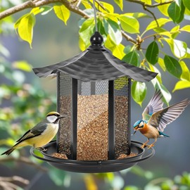 CVHOMEDECO. Bird Feeders for Outdoors Hanging Metal Bird Feeder for Wild Bird, Garden Yard Outside Decor. Hexagon Shaped with Roof, Black