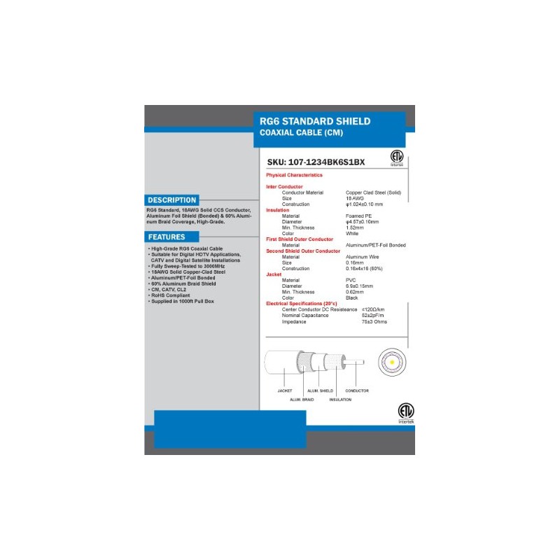 RG6 Standard Shield Bulk Coaxial Cable, White, 1000ft, 75 Ohm,
