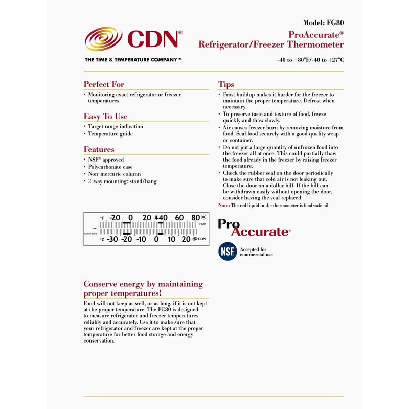 CDN FG80 Refrigerator/Freezer Thermometer | NSF Certified | Dual Scale