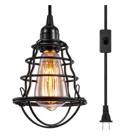 Industrial Plug in Pendant Light, Vintage Hanging Cage Pendant Light with Plug in Cord, Farmhouse E26 E27 Edison Pendant Lighting with On/Off Switch for Living Room Dining Room