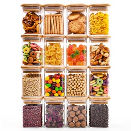 Glass Food Storage Jars Square 6oz, 16 Pack Glass Jars With Bamboo Lids, Glass Kitchen Storage Containers For Spice, Candy, Cookie, Glass Storage For Pantry Organizers