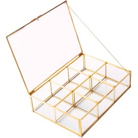 Golden Vintage Glass Box Clear Glass & Brass Metal Storage Jewelry and Cosmetic Makeup Lipstick Holder Organizer Beauty Display, 6 Compartment