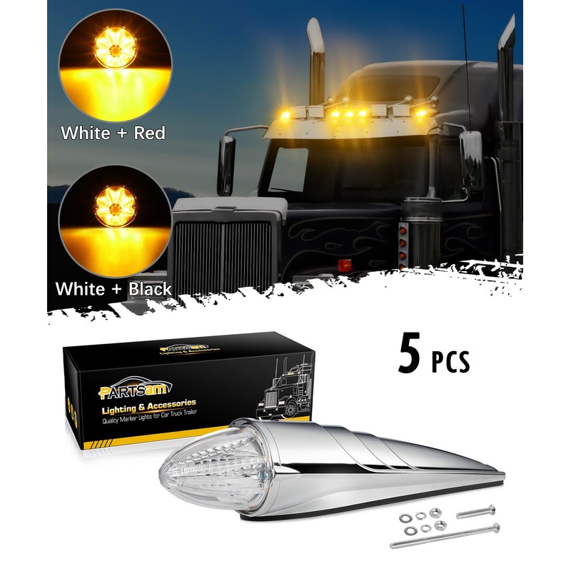 Partsam 5PCS Amber Torpedo Cab Marker Lights, Chrome Roof Running
