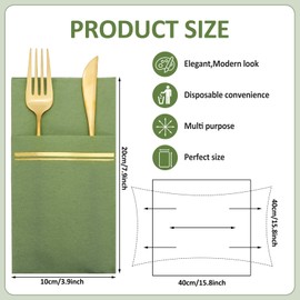 JarThenaAMCS 50Pcs Disposable Linen-Feel Dinner Napkins with Built-in Flatware Pockets Sage Green Gold Foil Prefolded Paper Napkin with Cutlery Pouch for Dining Party Table Service Decor