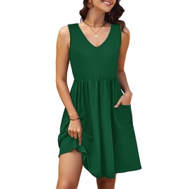 RUMIA Summer Casual Midi Dresses for Women Vocation 2025 Women's Elastic Waist Sleeveless Knee Length Sundresses with Pockets Loose Fit Emerald 3XL