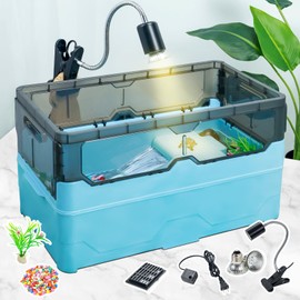 Wedoelsim Turtle Tank kit with Filter+Water Pump+Heat lamp, Wheels, Easy to Move, Imitate The Natural Flows, Suitable for Small Turtle Horned Frog Hermit (M, Blue)