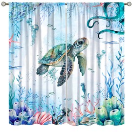 AAVEUP Turtle Curtains, Watercolor Cartoon Sea Animals Octopus Coral Shell Seahorse Jellyfish Blackout Window Treatments Drapes for Kids Boys Girls Bedroom Nursery Bathroom 42x45in（Blackout）