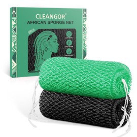 Cleangor Pack of 2 African Net Sponge, Black & Sea Blue, 106 cm Long | African Net Sponge, Gentle Exfoliating Sponge for All Skin Types, Back Scrubber for Shower and SPA