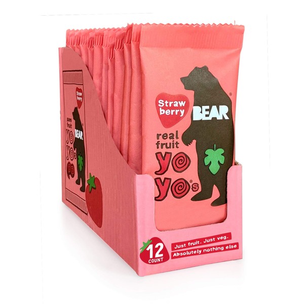 BEAR - Real Fruit Yoyos - Strawberry - 0.7 Ounce (12 Count) - No added Sugar, All Natural, non GMO, Gluten Free, Vegan - Healthy on-the-go snack for kids & adults