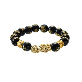 IS4U Feng Shui Pixiu Wealth and Luck Bracelet Black Obsidian Pixiu Bracelet Gold Dragon Lucky Charm Bracelets Prosperity Buddha Beams Elastic Bracelets for Men and Women (Gold)