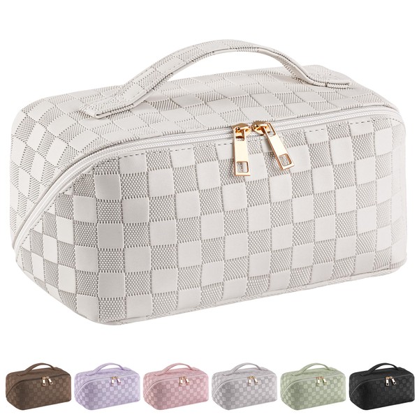 SFXULIX Large Capacity Travel Cosmetic Bag - Makeup Bag, PU Leather Waterproof Cosmetic Bag, Women Portable Travel Makeup Bag With Handle and Divider Flat Lay Makeup Organizer Bag (Z1-White)