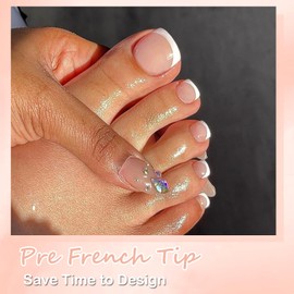 DMQ French Press on Nails for Toe, 240Pcs Square False Toenails Short, Nude Color French Tip Fake Toe Nails, Full Cover Stick on Toenails with Nail Glue for Women Girls Nail Art Manicure Decorations