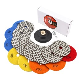 BRSCHNITT Dry Diamond Polishing Disc Set - Diamond Polishing Disc Set 100 mm #50 x 3/100 x 2/200 x 2/400 for Granite Stone Concrete Marble Floor Sander or Polisher with M14 Support Plate + Adapter