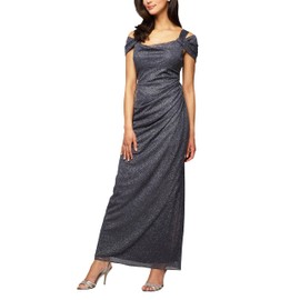 Alex Evenings Women's Long Cold Shoulder Dress (Petite and Regular Sizes), Smoke Glitter, 16