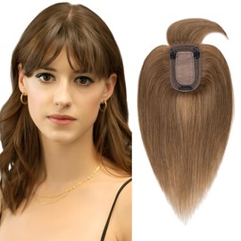 SEGO Hair Toppers for Women Real Human Hair with Thinning Hair, Toppers Hair Pieces Clip in Toppers Straight Hair Pieces with Bangs 150% Density Silk Base -10 Inch #6 Light Brown