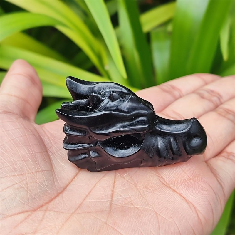 TEAMWILL 2" Natural Obsidian Crystal Dragon Head Statue Realistic Black
