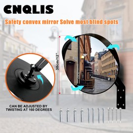 CNQLIS 12 Inch Convex Mirror Outdoor with Adjustable Wall Fixing Bracket,Blindspot Traffic Mirror for Driveway Garage Park Outdoor Wide Angle View Curved Security Blind Spot Mirrors（2Pcs）
