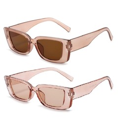 2PCS TRENDY RECTANGLE SUNGLASSES FOR WOMEN STYLISH RETRO SQUARE FRAME SHADES POLARIZED UV400 UV PROTECTION (Champagne&Rose)