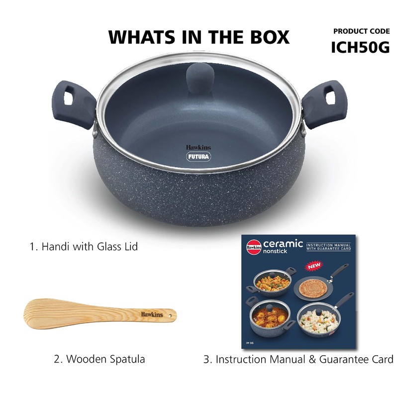 Hawkins Ceramic Nonstick Handi, 5 Litre, Induction Biryani Pot, Granite
