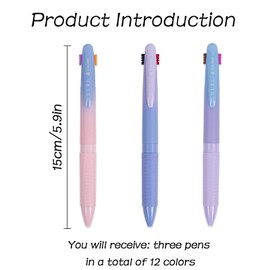 SURALIN 3 pieces multi-coloured ballpoint pen, 4-in-1 coloured pen, 0.7 ballpoint pen for journaling and organising, total 12 ink colours