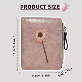 AdiStylinno Purses for Women, Flower Embroidery Printing Small Women's Wallets with 6 Cards Slots and ID Window, Portable PU Leather Purses for Women with Zipper and Snap (Pink)