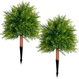 28" Artificial Cedar Topiary Ball Trees, 2 Pack Fake Plants with UV Resistant Evergreen Texture, Durable Ground Spikes Faux Shrubs Bushes Artificial Plants for Outdoor Indoor Front Porch Garden Decor