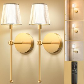 Glendan Battery Operated Wall Sconces Set of 2: Gold Rechargeable Wall Lights with 5200mAh Dimmable Bulbs and Remote,3 Colors Wireless Wall Lamps for Bedroom Living Room Hallway Decor
