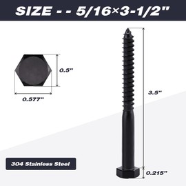 10-Sets 5/16 x 3-1/2" Hex Lag Screws and 5/16" ID Flat Washers, 304 Stainless Steel 18/8, Black Coated, Heavy Duty Wood Screws for Deck/Fence/Floor, by AOESIN