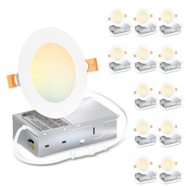 LVWIT 12 Pack Ultra-Thin Recessed Lighting 4 Inch with Junction Box, 800LM 2700K-5000K 5CCT LED Ceiling Lights, Dimmable Canless Wafer Downlight, ETL,FCC&IC, Smooth Trim