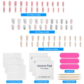 3Sets Silver Glitter Press on Nails Medium Square Pink White Artificial Acrylic Fake Nails with Rhinestones Design Full Cover Coffin Stick on Nails Glue on Nails for Women