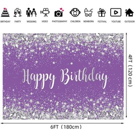 LTDKAEN 6×4Ft Purple and Silver Happy Birthday Photography Backdrop Birthday Party Photo Decoration Glitter Silver Spots Background Baby Shower Birthday Party Decor
