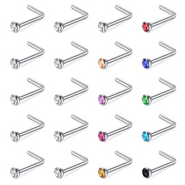 Crdifu 20pcs Small Nose Studs 22G 0.6mm L Shaped Tiny Nose Bars Piercing Stainless Steel with Crystal