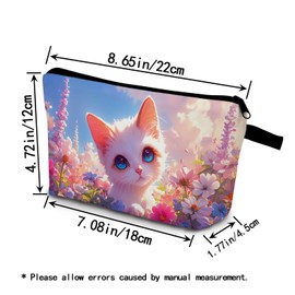 YULUENZE Kawaii Cat Present Floral Cartoon Cat Makeup Bag Cute Small Organizer Bag with Zipper Lovely Kitten Kitty Cosmetic Bag Birthday Presents for Cat Lovers Women Sisters Friends
