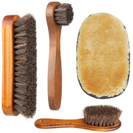 Sandiyago Pack of 4 Shoe Brushes Horsehair for Shoe Care - Includes Polishing Brush, Shine Brush, Application Brush, Artificial Wool Glove