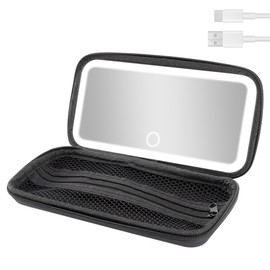 Rechargeable LED Travel Mirror with 3 Color Lights – Portable Makeup Mirror for Trips, Parties & Shopping, Comes with Cosmetic Pouch & USB Charging (Black)