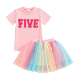 LYQTloml Toddler Kids Baby Girl Birthday Outfit Two/Three/Four/Five/Six Embroidery T-shirt Colorful Tutu Skirts Summer Clothes 2PCS