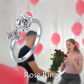 POPLYKE 925 Sterling Silver Dinosaur/Rose Open Ring Adjustable Rings Jewellery for Women, Sterling Silver, No Gemstone