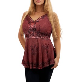 Agan Traders 2025 Summer Spaghetti Strap Adjustable Sleeveless Embroidered Asymmetrical Flared Tank Top Blouse (121, M, Bur) Burgundy